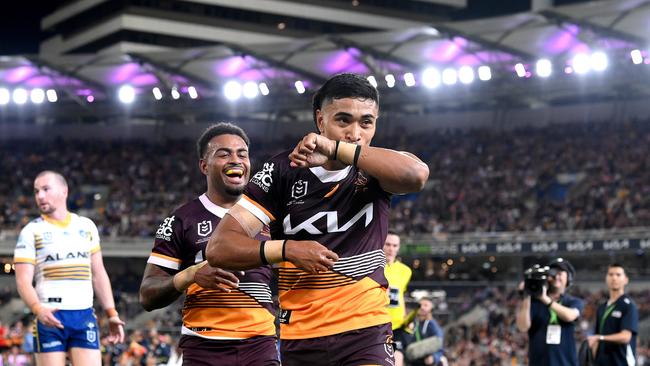 PBC SHS alumni Deine Mariner of the Broncos celebrates after scoring a try. (Photo by Bradley Kanaris/Getty Images)