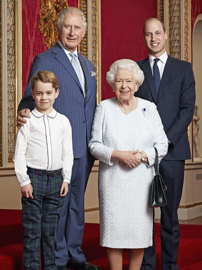 Prince George with Queen Elizabeth II, Prince Charles and Prince William. Picture: Ranald Mackechnie