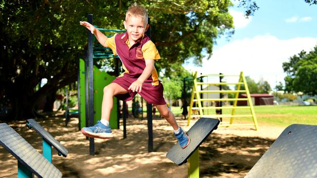 Hermit Park State School have a new Ninja Warrior playground. Student Lachlan Goldburg 6. Picture: Alix Sweeney