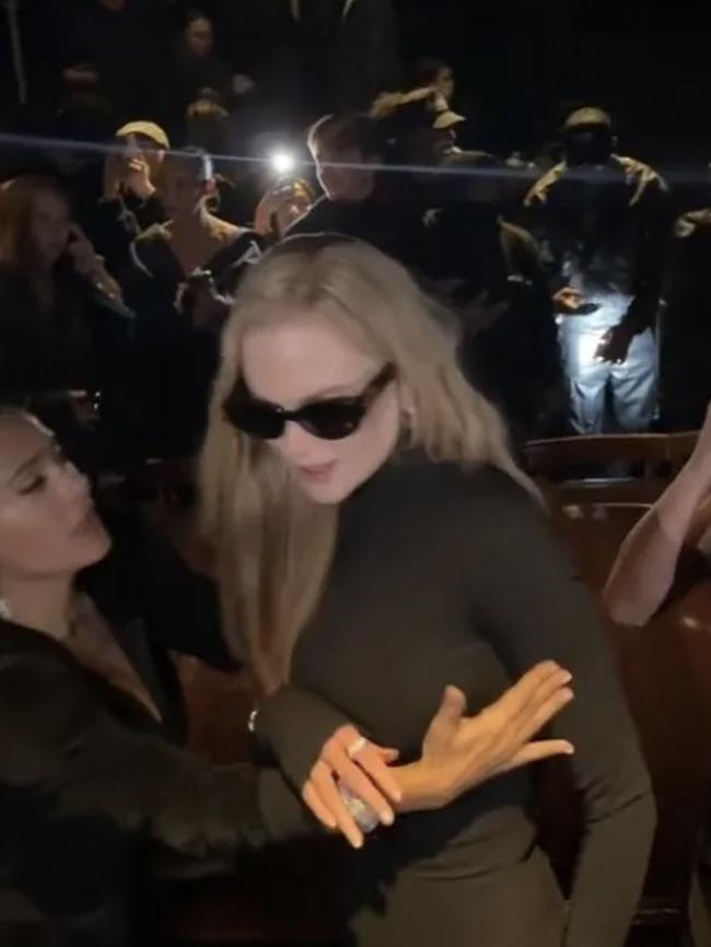 Salma Hayek and Nicole Kidman appeared to have an awkward exchange at Paris Fashion Week. Picture: TikTok