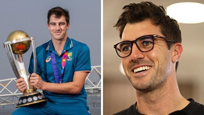 Pat Cummins, seen left with the World Cup trophy, has every reason to smile. Photos: Getty Images and News Corporation