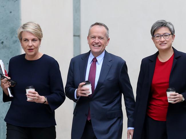 Shadow Minister for Finance Jim Chalmers, Deputy Leader of the Opposition Tanya Plibersek, Leader of the Opposition Bill Shorten, Shadow Minister for Foreign Affairs Penny Wong and Shadow Treasurer Chris Bowen at Parliament House in Canberra. Picture Kym Smith