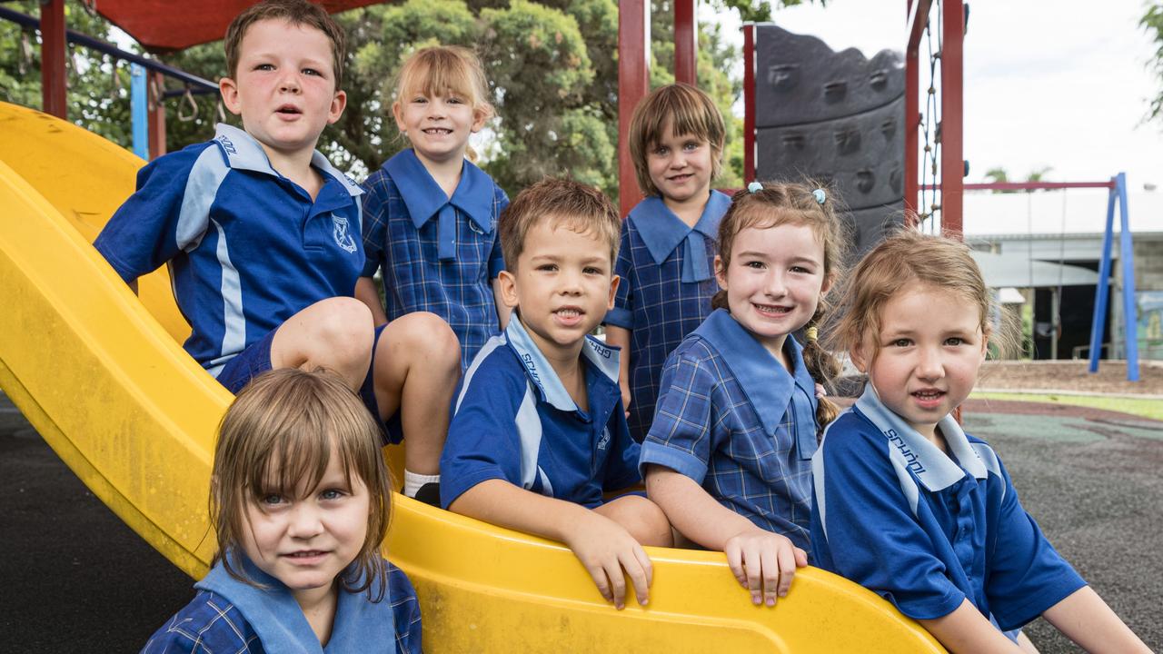 MY FIRST YEAR 2024: Grantham State School Prep students (from left) Bryce, Evie (front), Lilly, Elijah, Kaiann, Aurelia and Brooklyn, Wednesday, February 14, 2024. Picture: Kevin Farmer