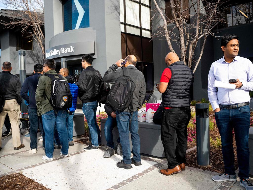 SVB customers wait in line on Monday. Picture: Noah Berger/AFP