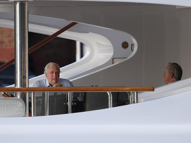 Clive Palmer on his $40m super yacht in Sydney Harbour. Picture: NCA NewsWire/Dylan Coker