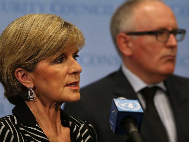 Julie Bishop swith Dutch Foreign Minister Frans Timmermans. Picture: Spencer Platt