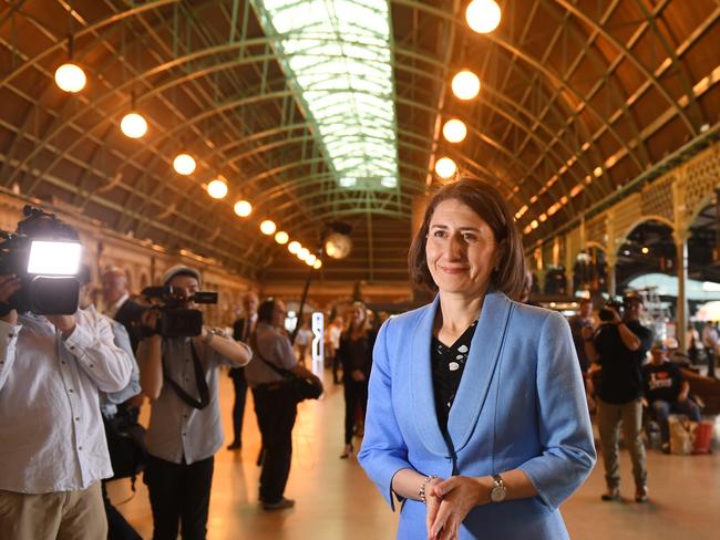 NSW Premier Gladys Berejiklian announcing a fast rail plan in December 2018. Picture: Dean Lewins