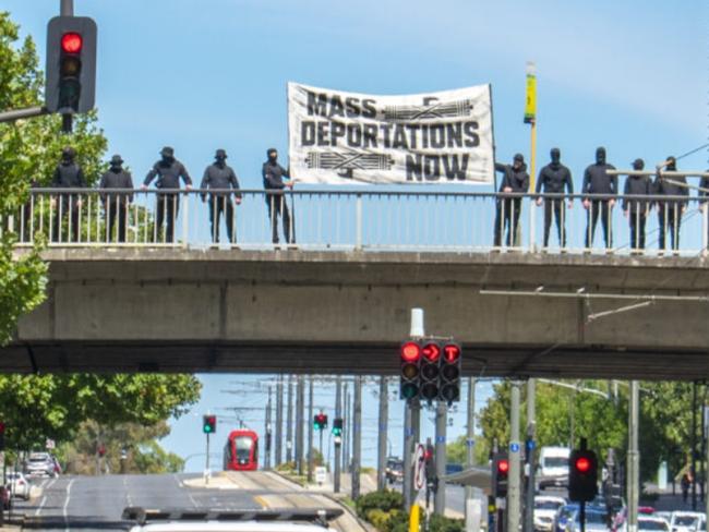 About 11am on Saturday 12 January, police were called to Morphett Street, Adelaide after reports of a protest in which the protestors were disguising their faces with ski masks. Picture: 7NEWS