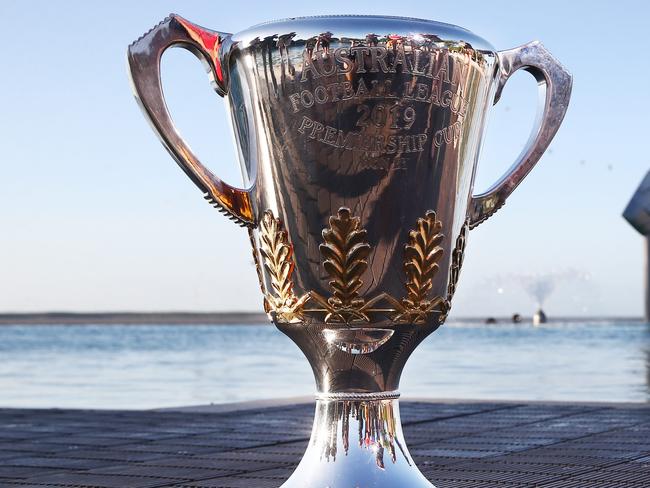 The AFL has brought the AFL Premiership Cup to Cairns ahead of the 2019 grand final. The trophy at the Cairns Esplanade Lagoon. PICTURE: BRENDAN RADKE