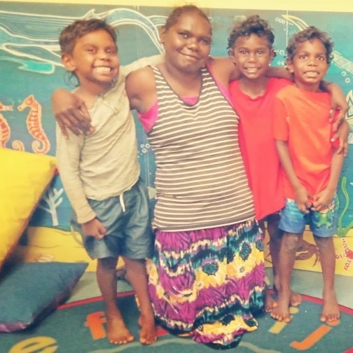 PULARUMPI SCHOOL: KWARIKWARI (L-R): Cayden Yunupingu, Gilberta Tipungwuti (teacher), Dayne Dunn-Pangiraminni, Elkin Dunn. ABSENT: Jace Kantilla. TEACHERS: Susie Long, Gilberta Tipungwuti