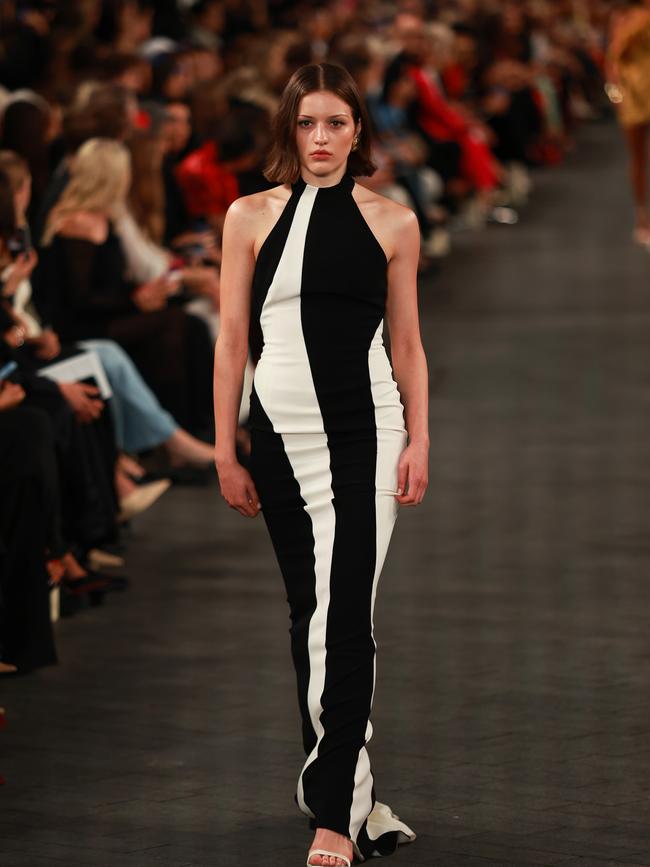 A sleek look from Carla Zampatti. The brand opened Australian Fashion Week with a tribute to the Australian fashion industry and the late founder of the brand.