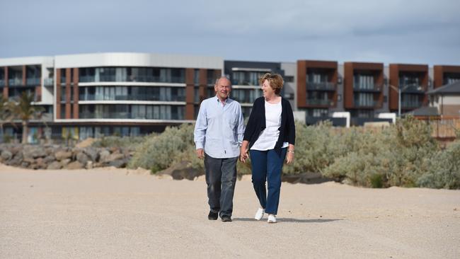 Wyndham Harbour, the new $440m residential and marina development in Werribee South is officially opening on Feb 27. The development features the largest marina in Victoria and two new beaches. The new dockmaster for Wyndham Harbour, Co de Kleuver, and his wife Lorraine took a walk at one of the beaches. Picture: Chris Eastman