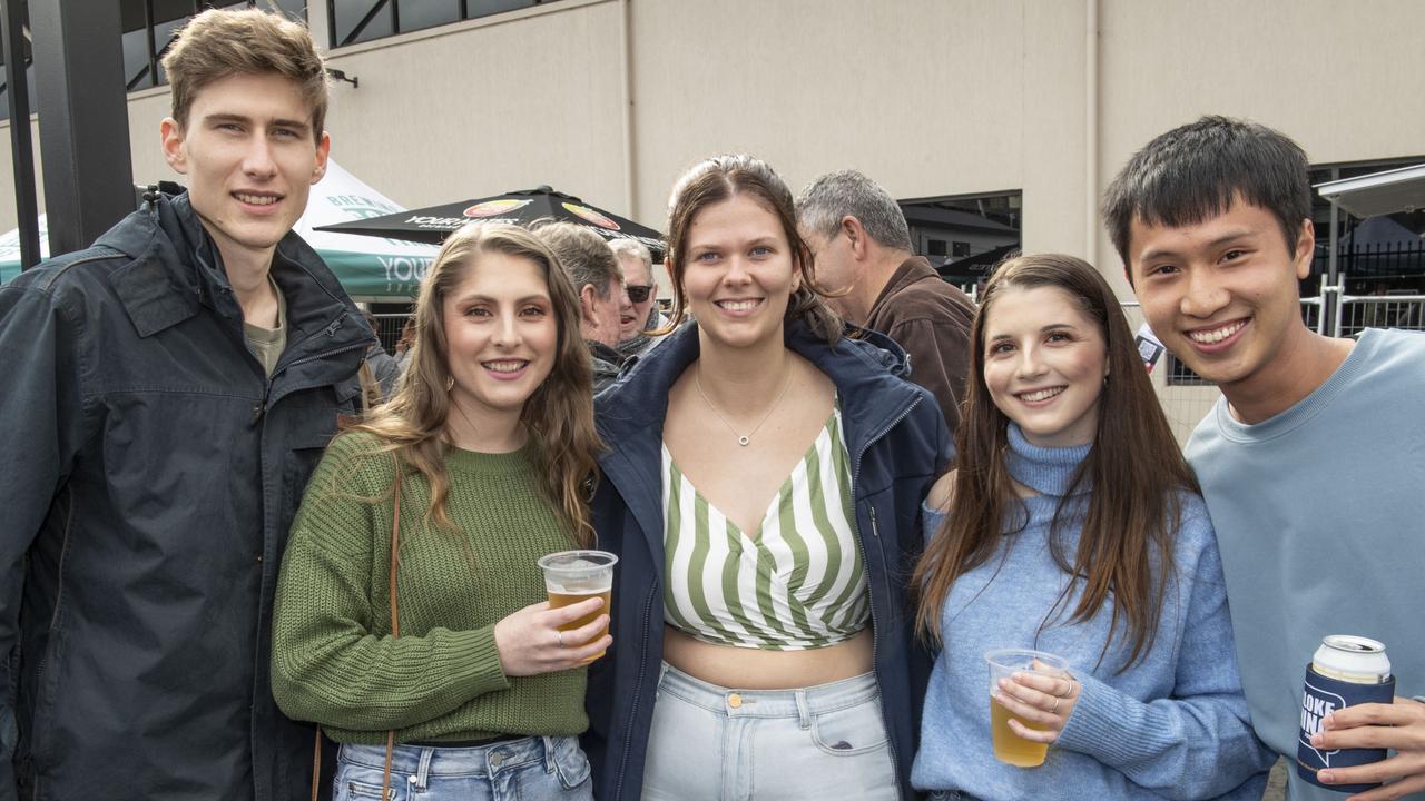 (from left) Raoul Woodruff Becker, Elise Maritan, Tori Reimer, Hannah Maritan and Prince Lo at Brewoomba craft beer festival, Fitzy's. Saturday, August 13, 2022. Picture: Nev Madsen.