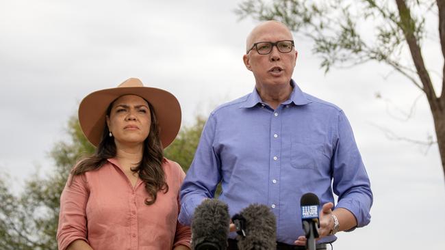 Opposition Leader Peter Dutton and Senator Jacinta Price hold a press conference on ANZAC Hill in Alice Springs. Picture: Liam Mendes/The Australian