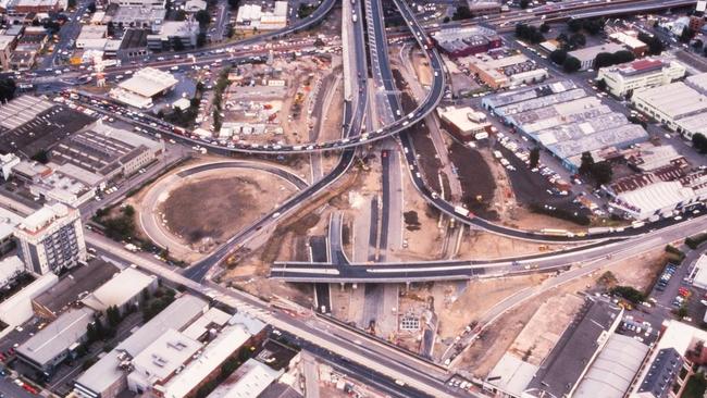 An aerial view of the construction of the Power St Loop, which now houses Habitat Filter — sustainable sculptures supporting birds and bats as they fly across Melbourne.