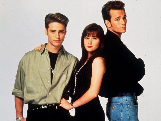 Iconic. Jason Priestley, Shannen Doherty and Luke Perry in Beverly Hills 90210. Doherty’s on screen love interest, Perry, died in 2019. Picture: Supplied