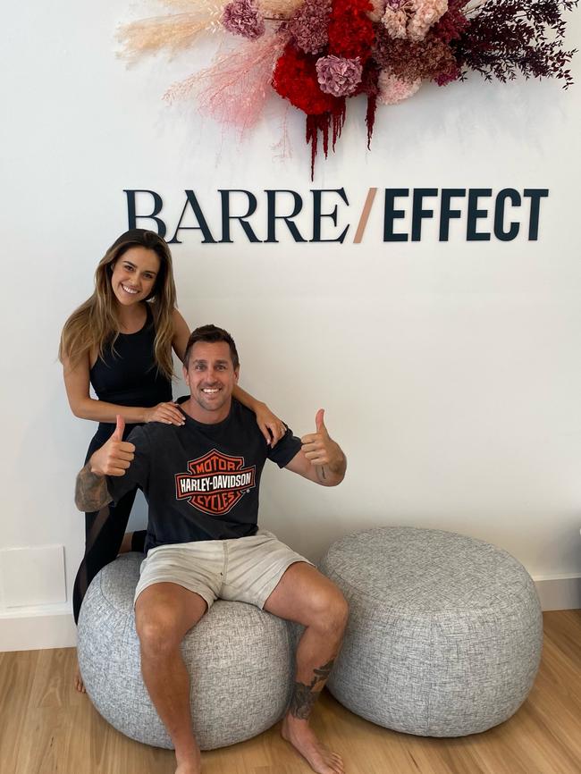 Newcastle Knight Mitchell Pearce and fiance Kristin Scott at their new Barre Effect studio in Hunter street. Supplied.