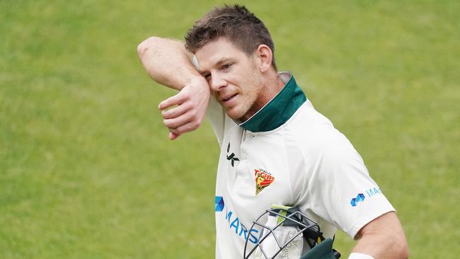 Tim Paine is seen after hitting the winning runs for Tasmania against Western Australia in their Sheffield Shield clash in Hobart in February. (AAP Image/Michael Dodge)