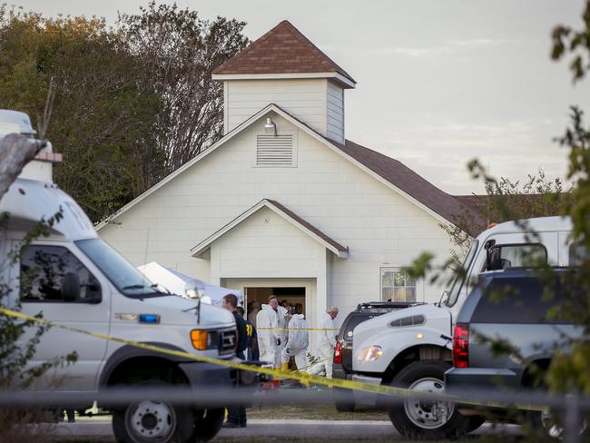 The scene outside First Baptist Church of Sutherland Springs. Picture: AP