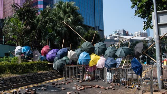 A barricade made by anti-government protesters blocks a road at Hong Kong Polytechnic University this week.