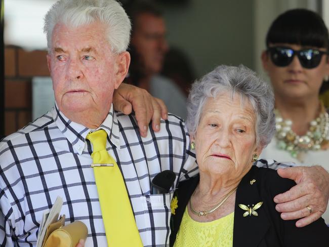 Parents John and Daphne at Marilyn’s funeral. Picture: Luke Marsden.