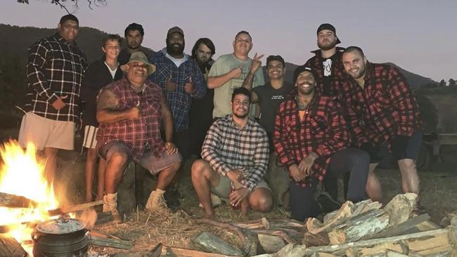 The photo of Josh Addo-Carr (third from right) and Latrell Mitchell (fourth from right) during a camping trip on the NSW midnorth coast. Picture: Instagram