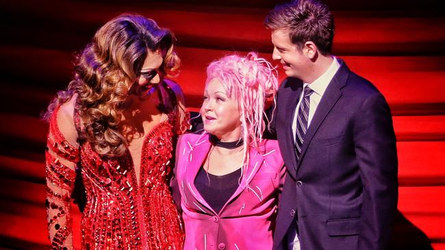 Cyndi Lauper with stars of Kinky Boots, Callum Francis and Toby Francis at a press call at Her Majesty's Theatre in Melbourne. Picture: Hamish Blair