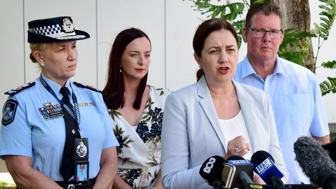 Police Commissioner Katerina Carroll, MP Brittany Lauga, Premier Annastacia Palaszczuk and MP Barry O’Rourke (main) outline youth-crime measures in Rockhampton. Picture: Kevin Farmer