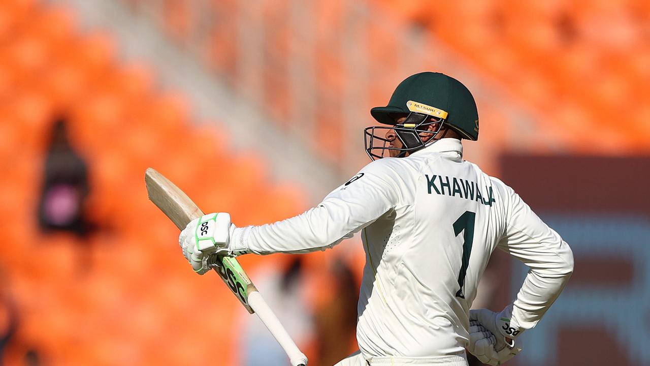 AHMEDABAD, INDIA – MARCH 09: Usman Khawaja of Australia celebrates after scoring his century during day one of the Fourth Test match in the series between India and Australia at Sardar Patel Stadium on March 09, 2023 in Ahmedabad, India. (Photo by Robert Cianflone/Getty Images)