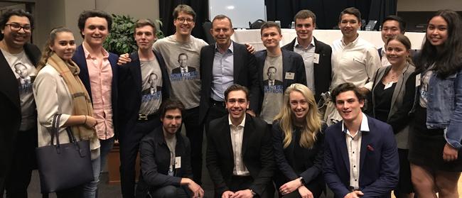 Tony Abbott with members of his Warringah Federal Electoral Conference following his endorsement. A number of members wearing ‘now this is a shirtfront shirts’.