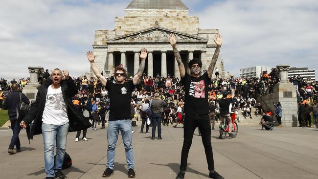 Protesters are seen at the Shrine of Remembrance on Wednesday. Picture: Getty Images