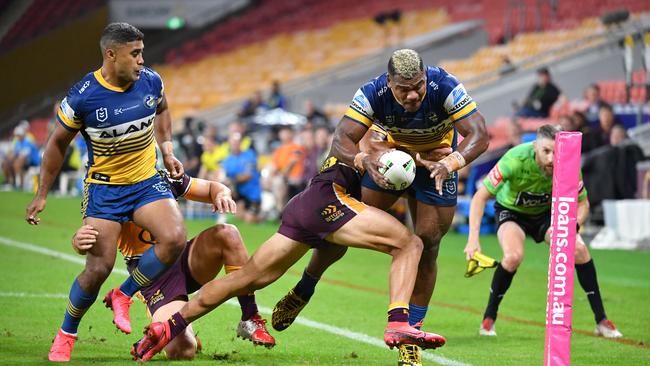 Maika Sivo scores an incredible try in the Eels 34-6 win over the Broncos. Picture: AAP.