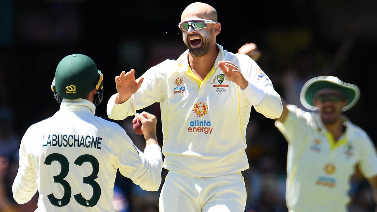 Nathan Lyon of Australia celebrates dismissing Dawid Malan. Photo by Albert Perez – CA/Cricket Australia via Getty Images