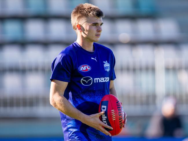 HOBART, AUSTRALIA - APRIL 27: Colby McKercher of North Melbourne during warm up for the 2024 AFL Round 07 match between the North Melbourne Kangaroos and the Adelaide Crows at Blundstone Arena on April 27, 2024 in Hobart, Australia. (Photo by Linda Higginson/AFL Photos via Getty Images)