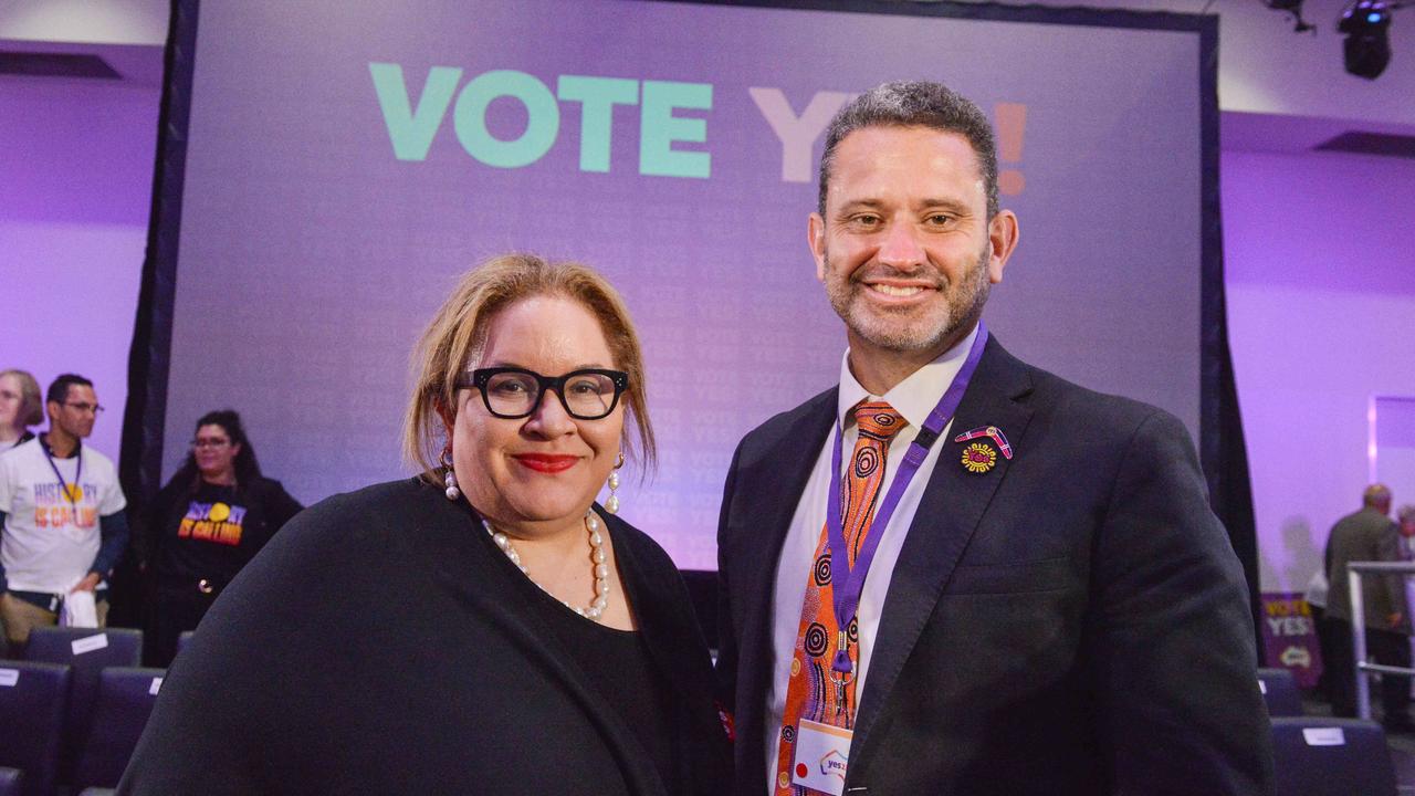 Uluru Dialogue co-chair Professor Megan Davis with South Australian Indigenous Affairs Minister Kyam Maher at the Yes23 Campaign Launch in the northern Adelaide suburb of Elizabeth. Picture: NCA NewsWire / Brenton Edwards