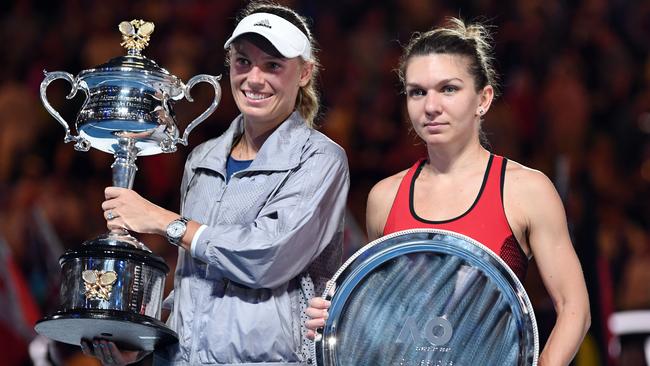 Caroline Wozniacki and Simona Halep at the trophy presentation. Picture: AAP Images