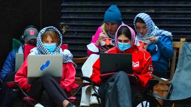 Pro-Palestine protesters set up inside the Arts West building at the University of Melbourne on Monday. Picture: Luis Enrique Ascui