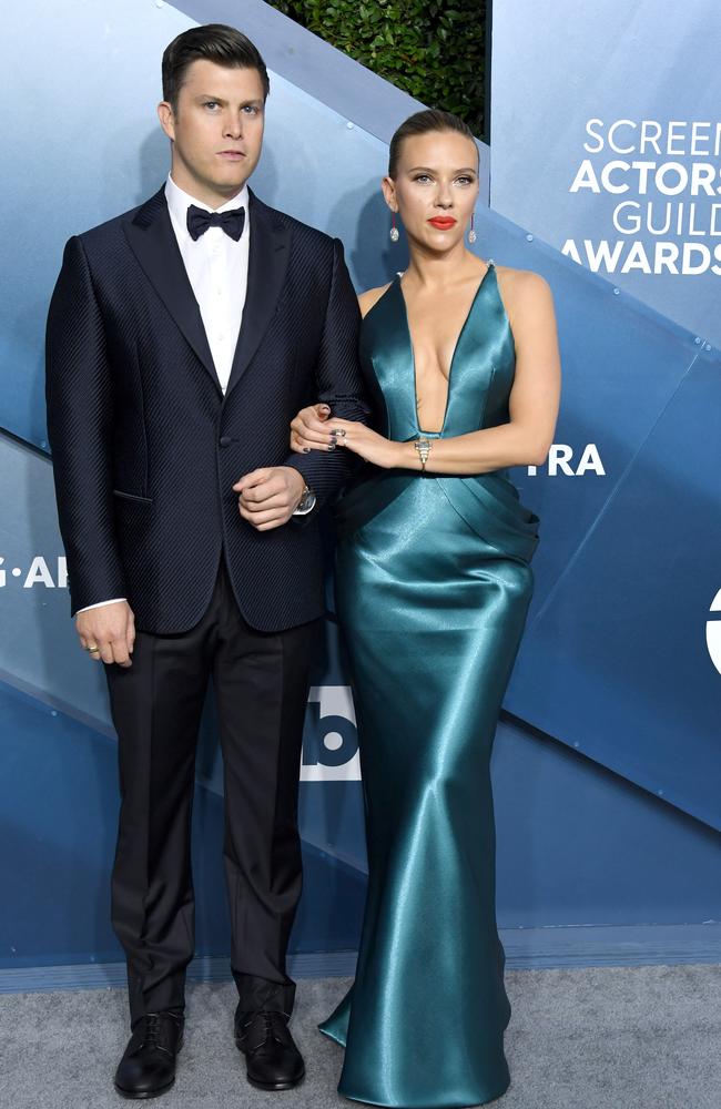 Colin Jost and Scarlett Johansson. Picture: Jon Kopaloff/Getty Images