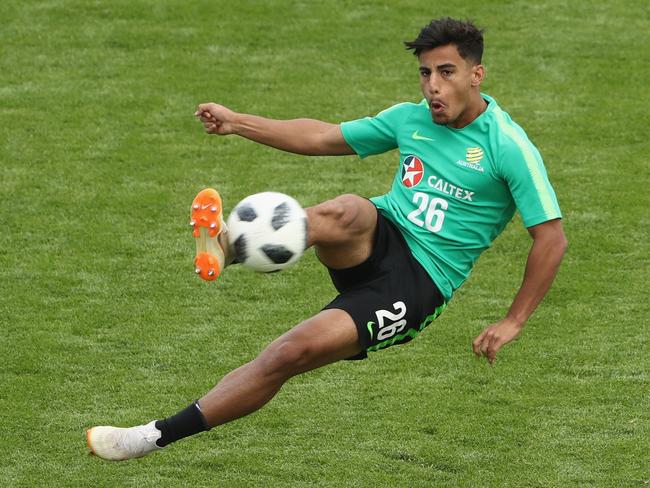 KAZAN, RUSSIA - JUNE 12:  Daniel Arzani of Australia shoots on goal during an Australia Socceroos training session ahead of the FIFA World Cup 2018 at Stadium Trudovye Rezervy on June 12, 2018 in Kazan, Russia.  (Photo by Robert Cianflone/Getty Images)