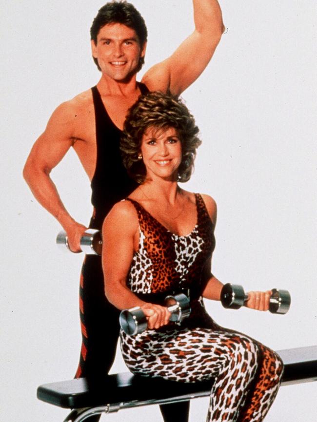 Jane Fonda lifting weights and exercising in 1996.