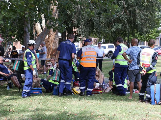 Emergency services treated passengers at a nearby oval. Picture: AAP Image/Matthew Sullivan