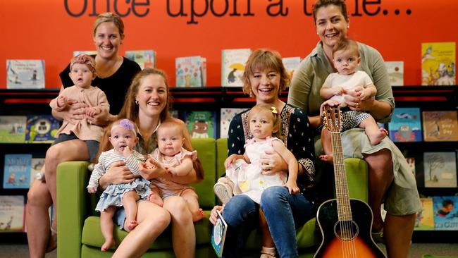 Ashleigh Dallas, seated right on couch, with daughter Harriet and other Tamworth mothers, from left: Helen Herdegen and baby Charlotte, Sarah Quihampton with Mia and Emma Kelly, and Laura Brigden with baby Tom. Picture: Nathan Edwards