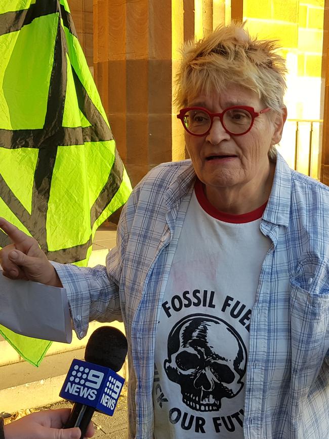 Extinction Rebellion protester Heinke Weber outside the Adelaide Magistrates Court following her release on bail for graffiti charges. Picture: Sean Fewster