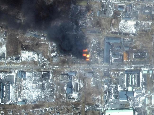 Satellite image shows fires in an industrial area of the Primorskyi district in western Mariupol, Ukraine. Picture: AFP.