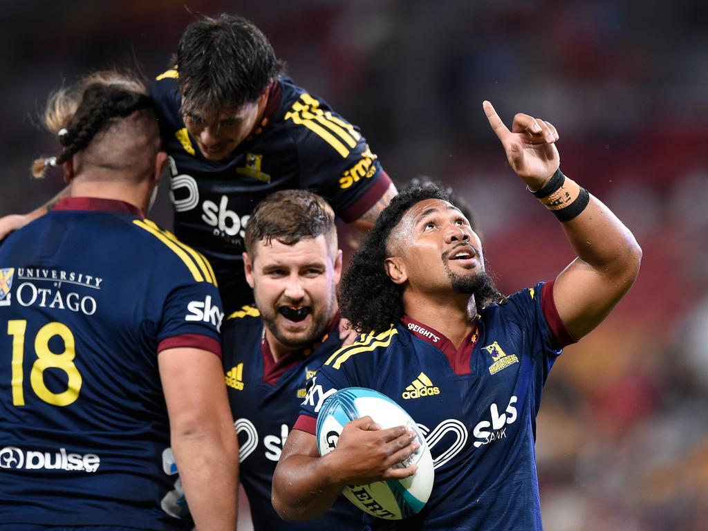 Folau Fakatava celebrates scoring for the Highlanders. Picture: Matt Roberts/Getty Images