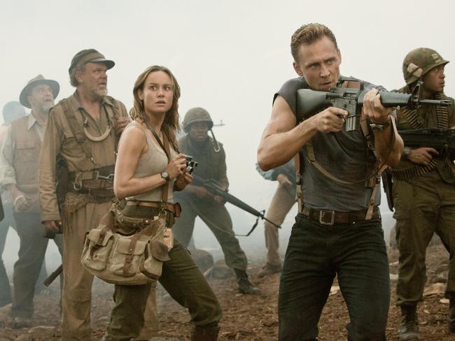 Reilly, Larson and Hiddlestone are on the hunt for Kong. Picture: Village Roadshow Films