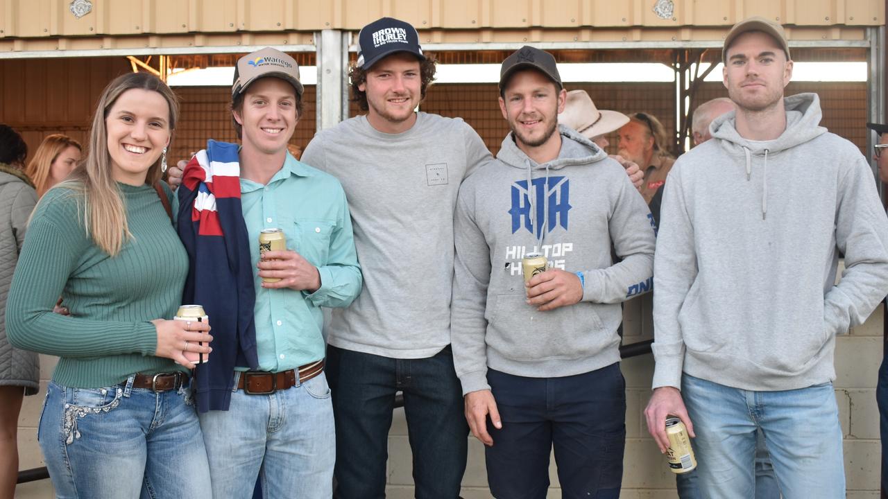 Claudia Graham, Ben McLary, Jesse Wallace, Sam McLary and Dug Snow at the 2021 Killarney Rodeo for the social scene. Photo: Madison Mifsud-Ure / Warwick Daily News