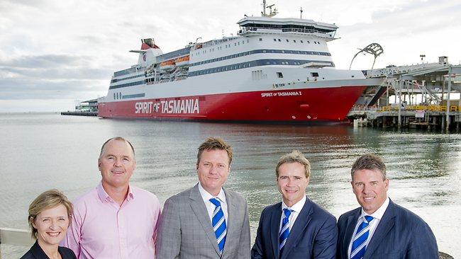 North Melbourne board members, from left, Julie Laycock, Mark Brayshaw, president James Brayshaw, Carl Dilena and Brady Scanlon, held a board meeting on the Spirit of Tasmania last night. Picture: Jason Edwards