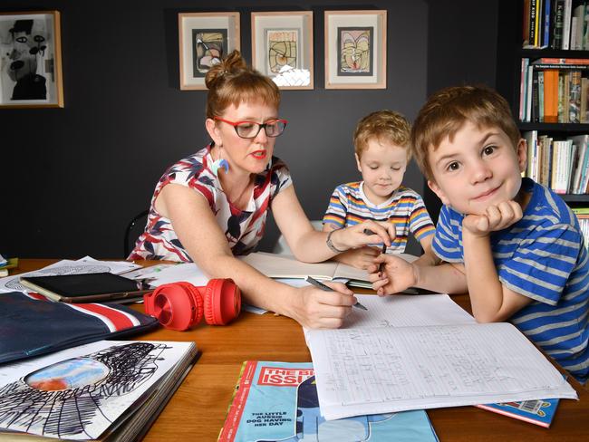 Zoe Collins is homeschooling her children Dare and Douglas. Picture: AAP