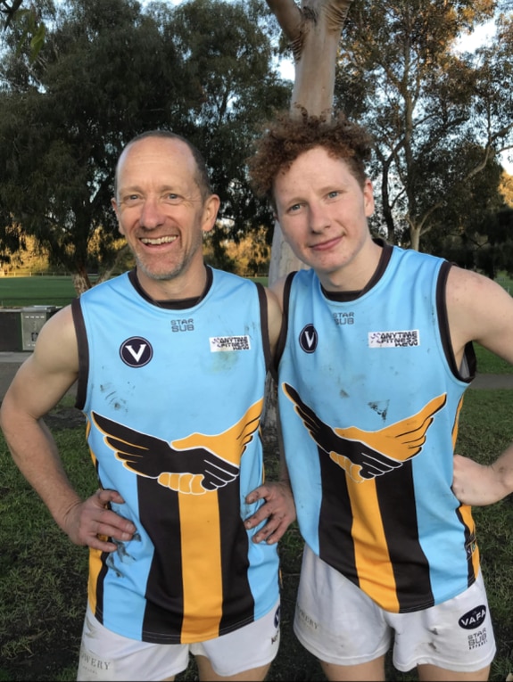 Hawthorn Amateurs 50-year-old veteran Phil Avery pictured after his VAFA seniors comeback alongside son Eamonn.